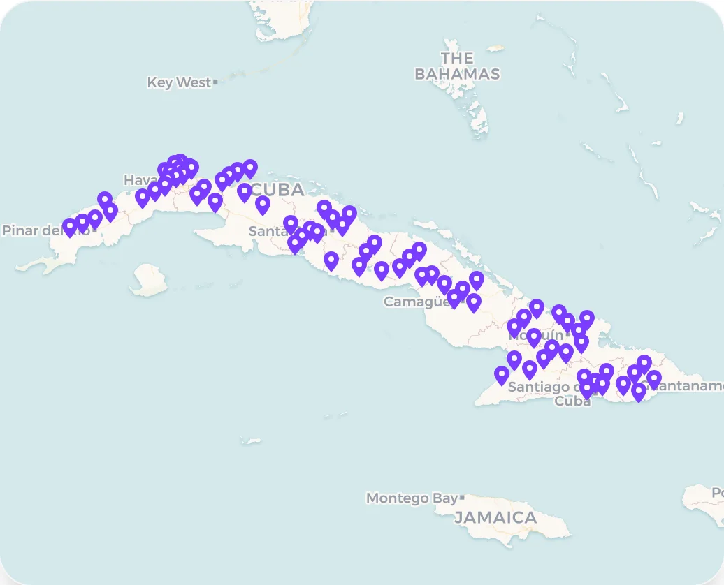 Map of Cuba with promoted property markers across the island